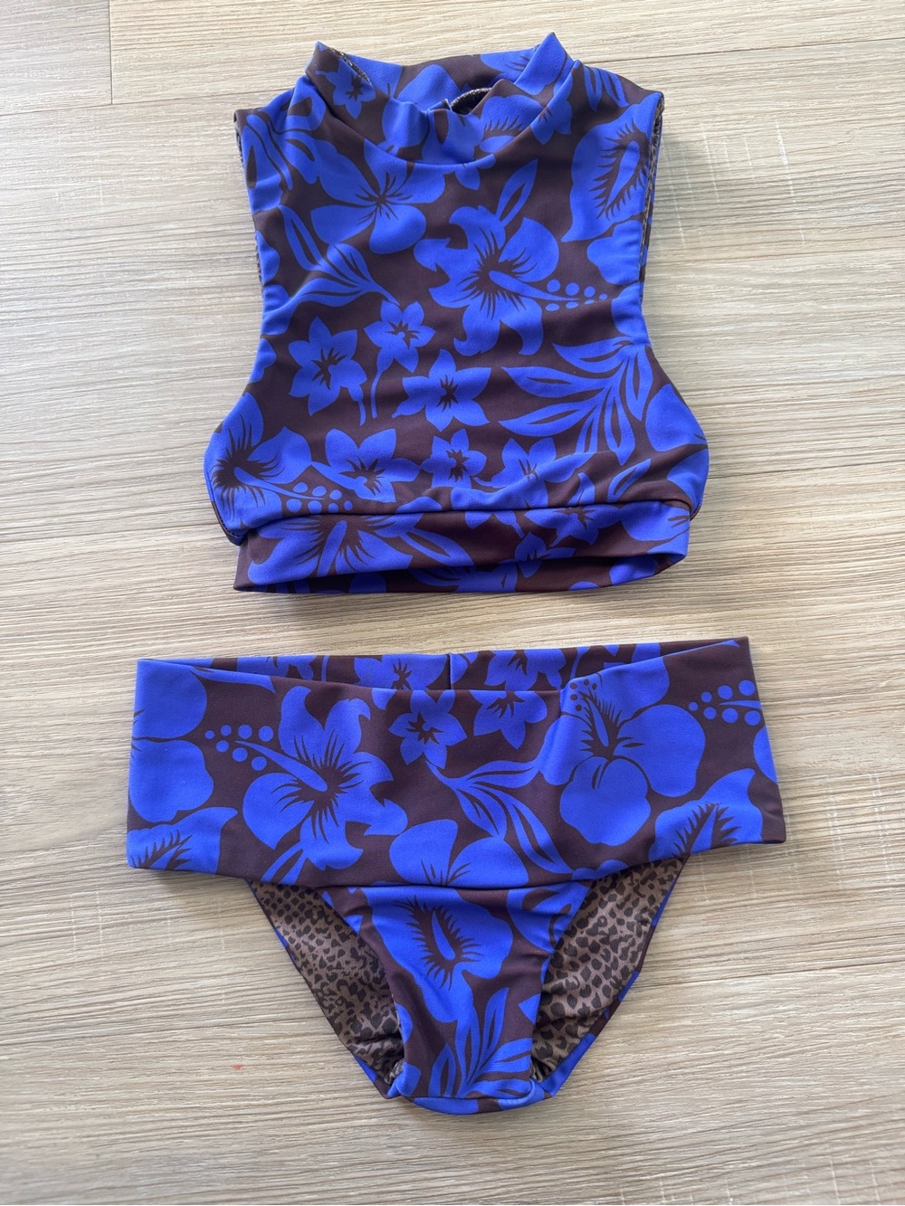 acacia swimwear Blue and Brown Floral High-Neck Kids Bikini